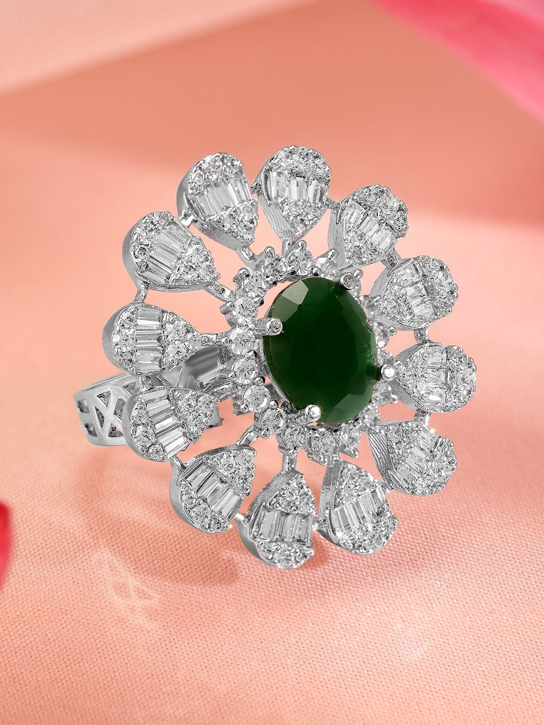 American Diamond Zirconia Green Floral Ring Green