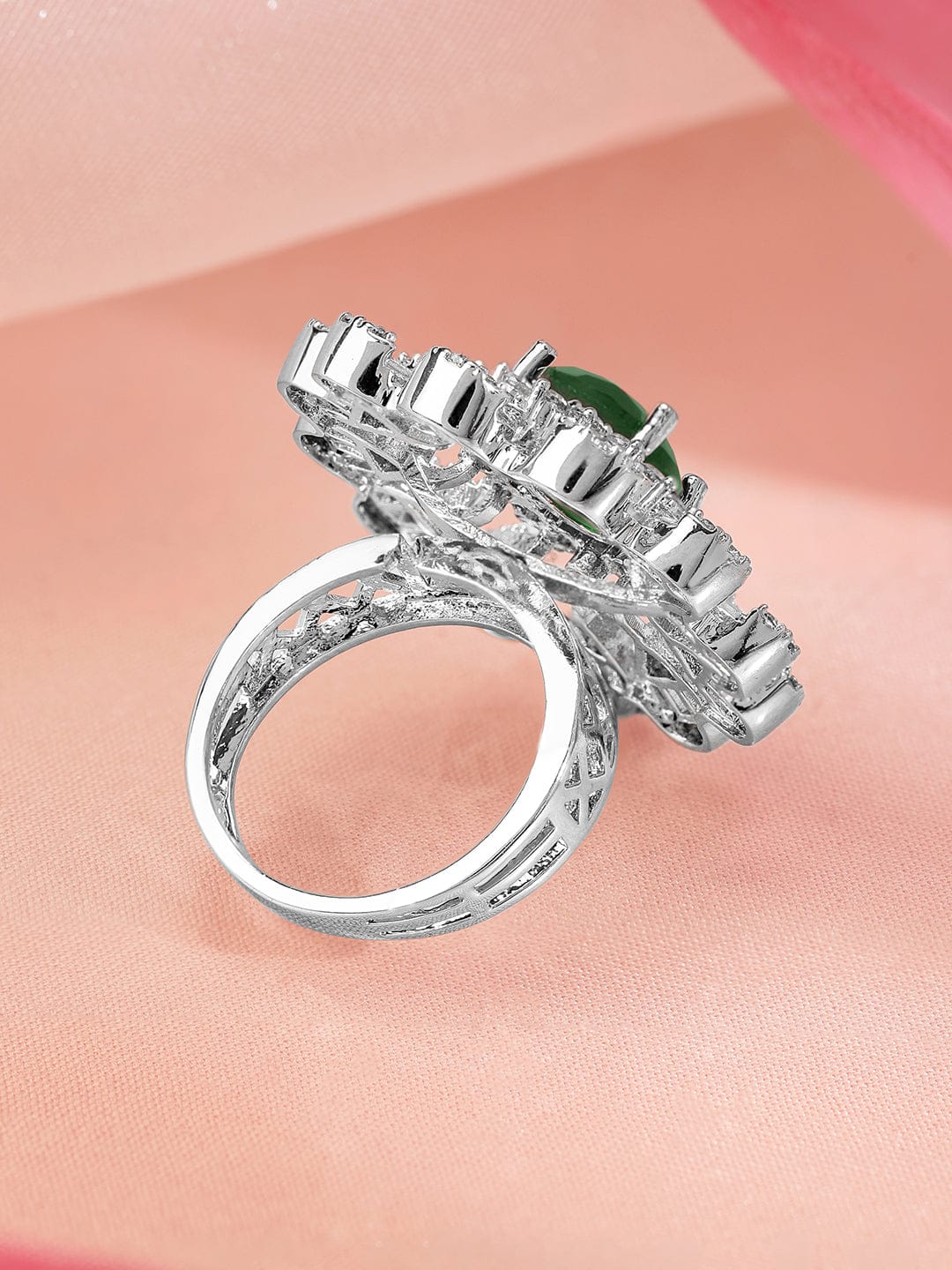 American Diamond Zirconia Green Floral Ring Green