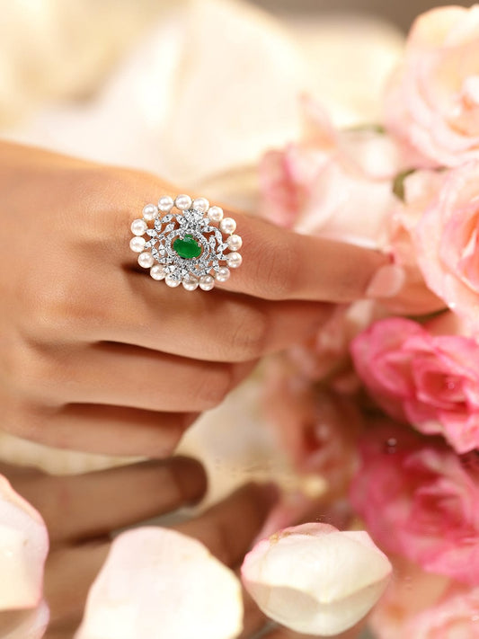Green Aemrican Diamond Zirconia Pearl Ring Silver