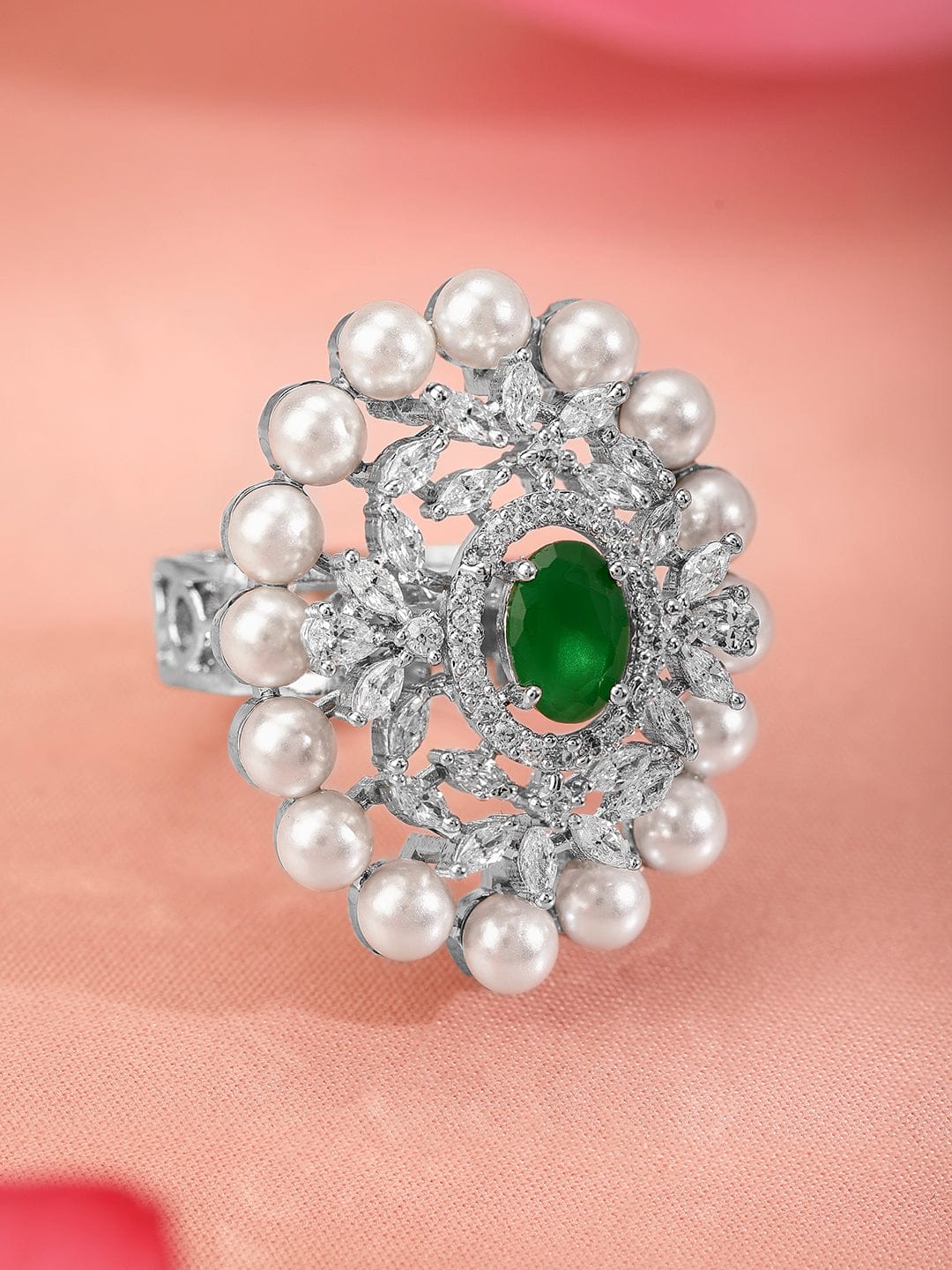 Green Aemrican Diamond Zirconia Pearl Ring Silver