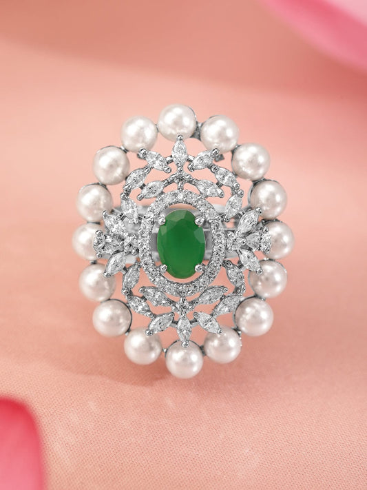 Green Aemrican Diamond Zirconia Pearl Ring Silver