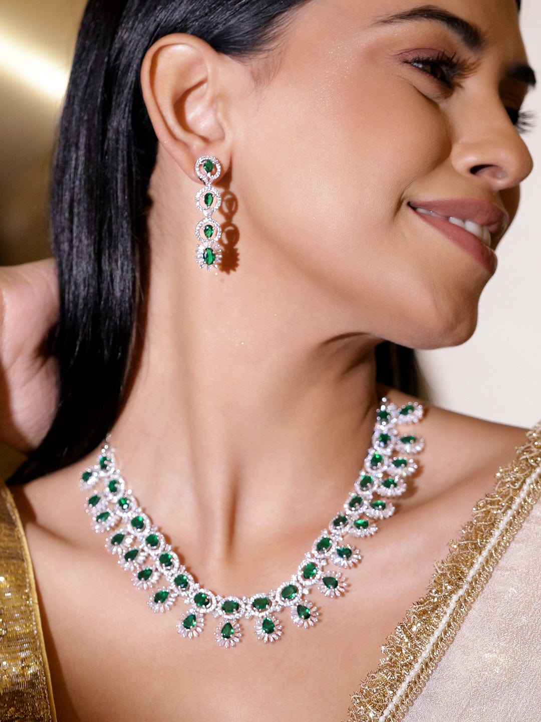 American Diamond Zirconia Emerald Necklace Set フリーサイズ