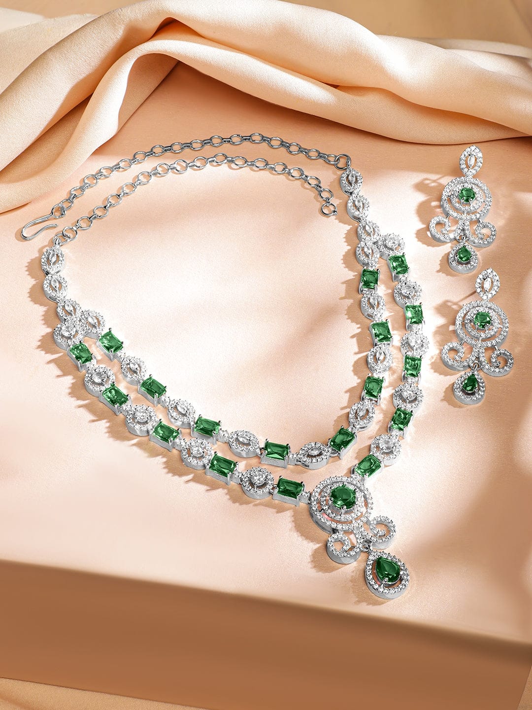 American Diamond Zirconia Green Necklace Set Green