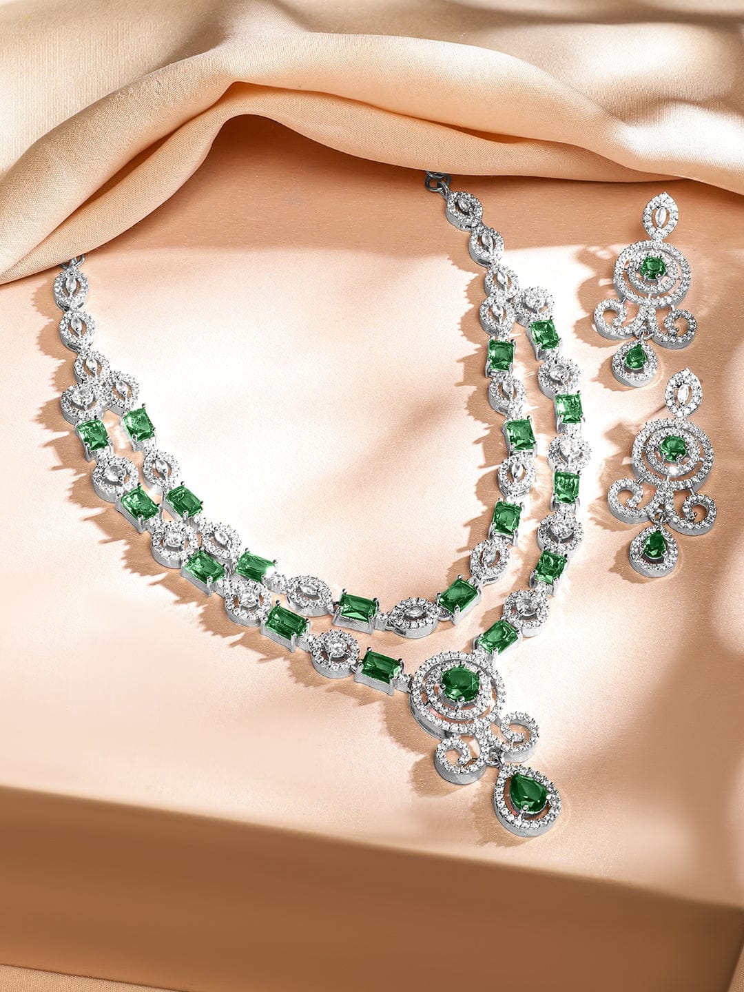 American Diamond Zirconia Green Necklace Set Green