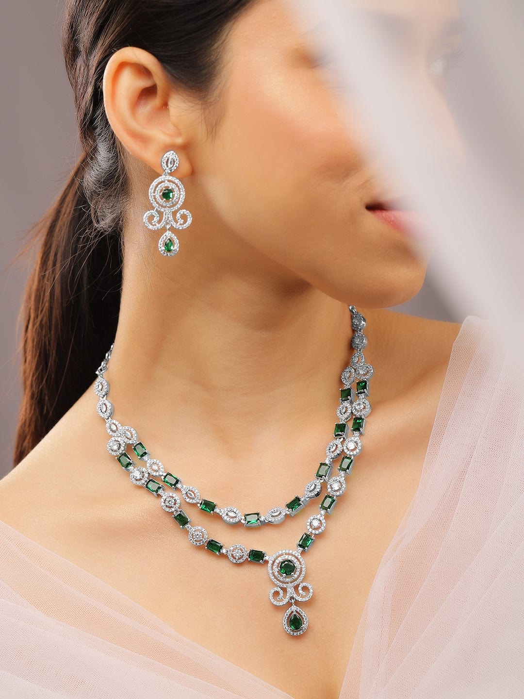 American Diamond Zirconia Green Necklace Set Green