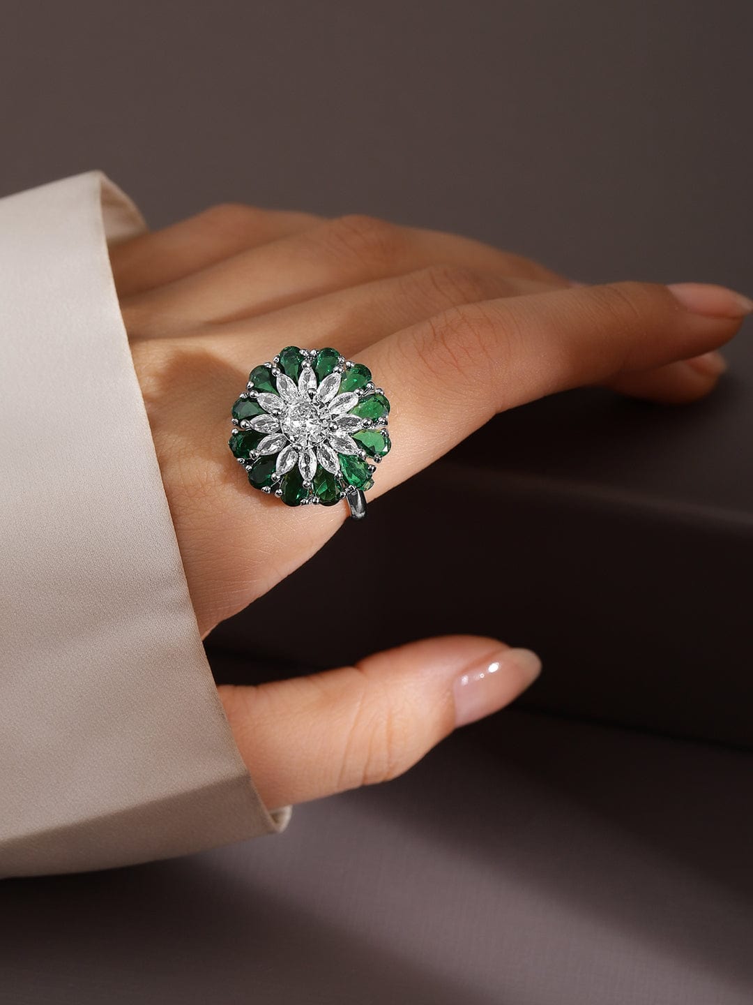 Emerald & White Studded Floral Ring Green