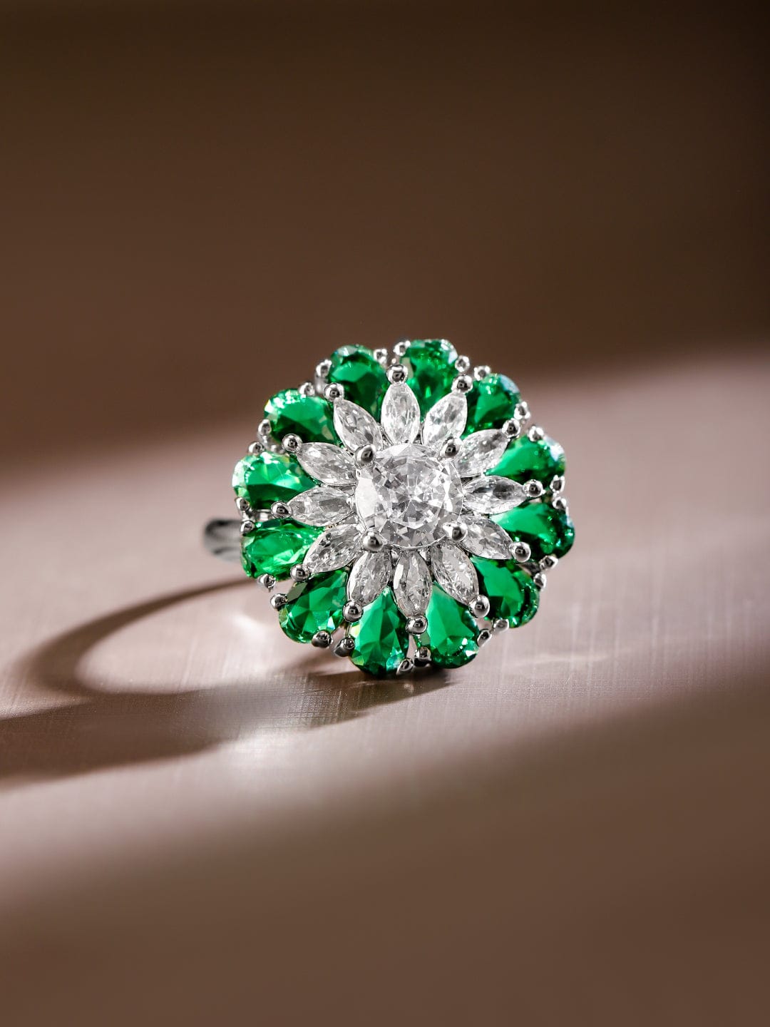 Emerald & White Studded Floral Ring Green