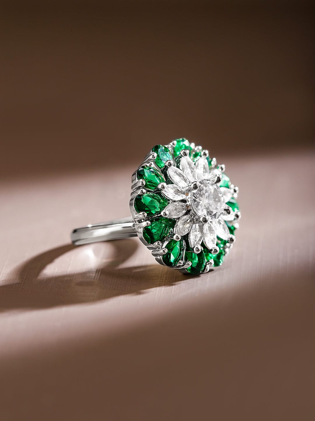 Emerald & White Studded Floral Ring Green
