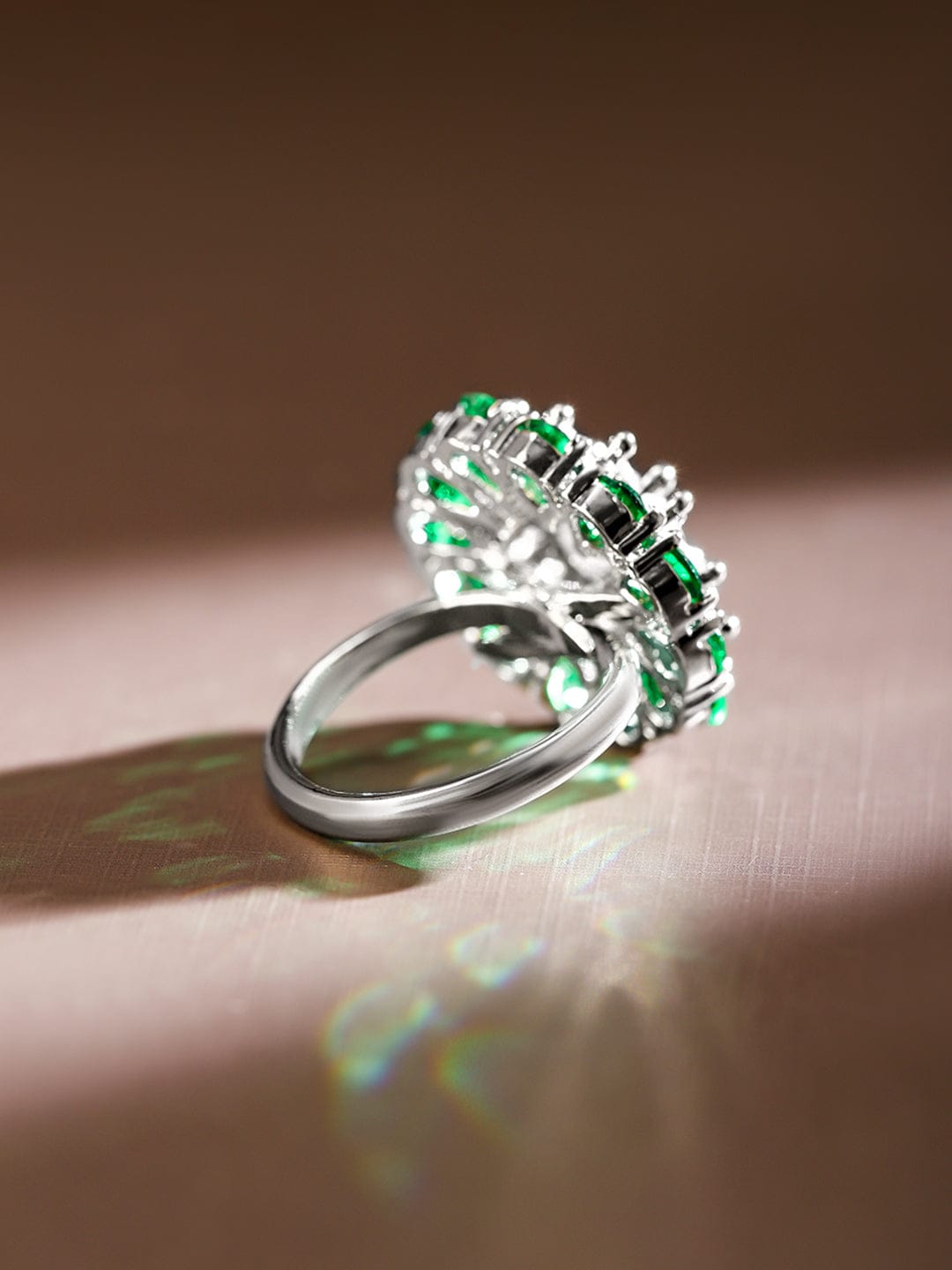 Emerald & White Studded Floral Ring Green