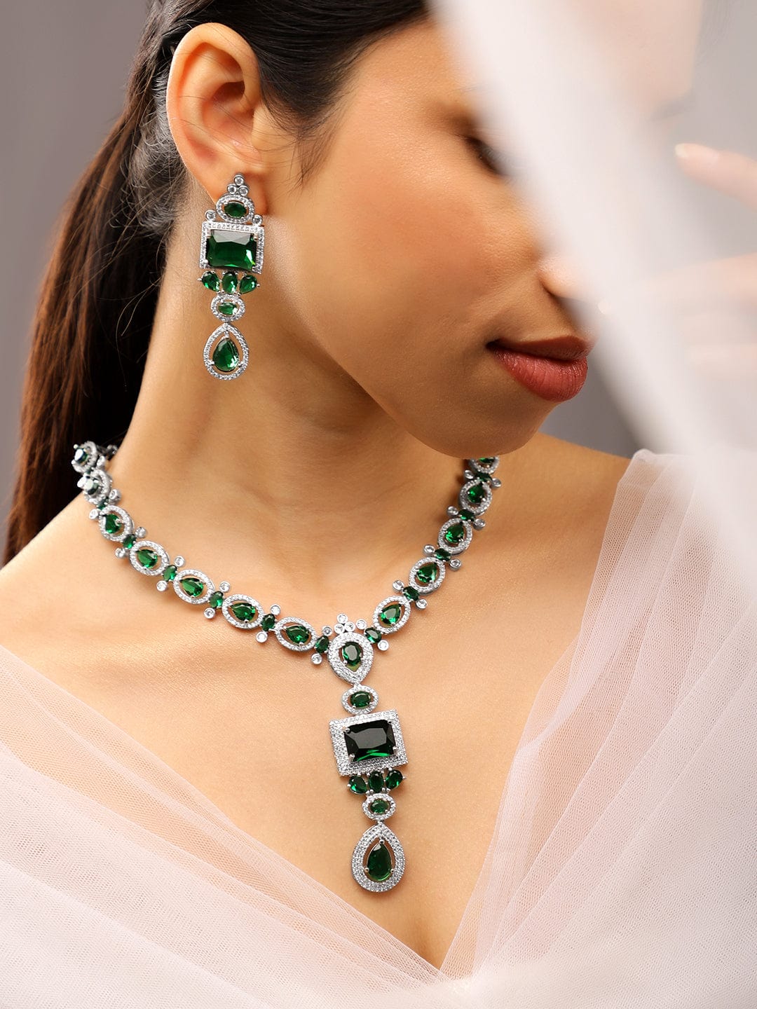 American Diamond Zirconia Studded Emerald Necklace Set Green