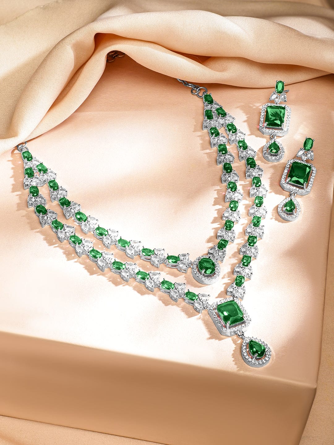 American Diamond Zirconia Green Layered Necklace Set Green