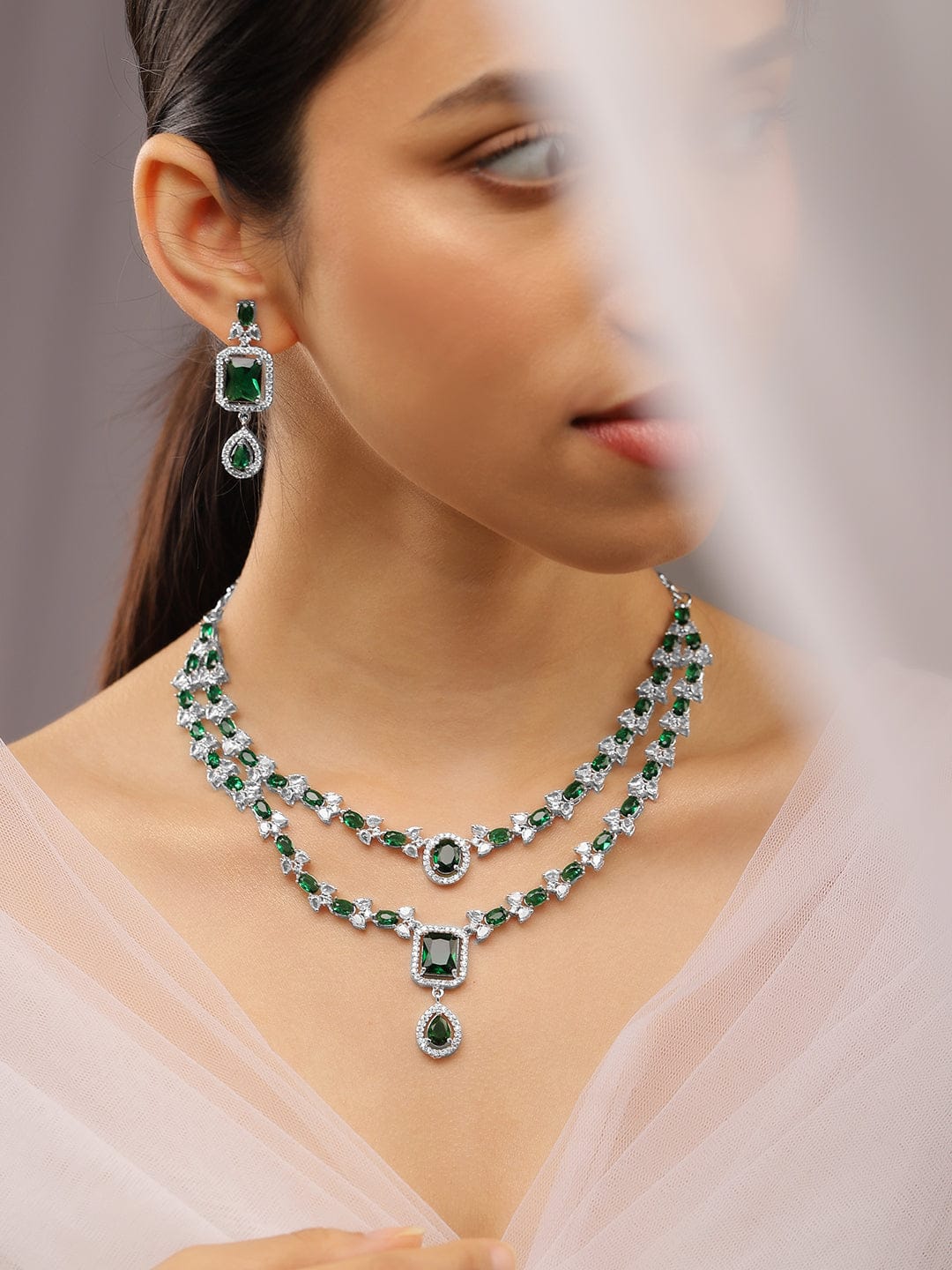 American Diamond Zirconia Green Layered Necklace Set Green