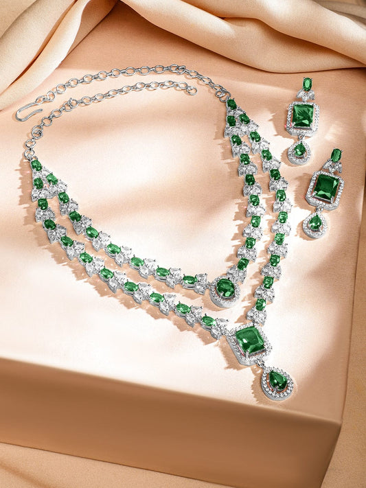 American Diamond Zirconia Green Layered Necklace Set Green