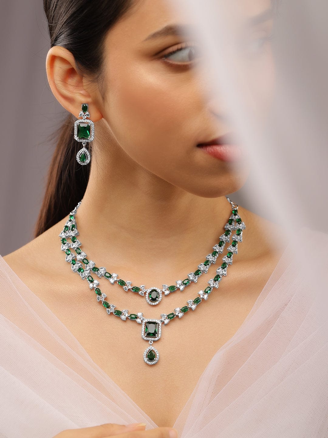American Diamond Zirconia Green Layered Necklace Set Green