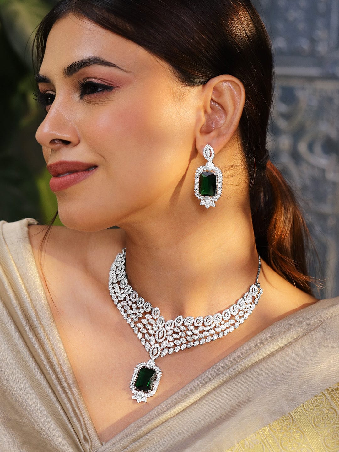 Cascading American Diamond Zirconia Green Necklace Set Green