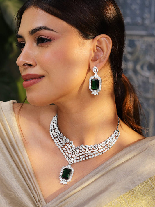 Cascading American Diamond Zirconia Green Necklace Set Green