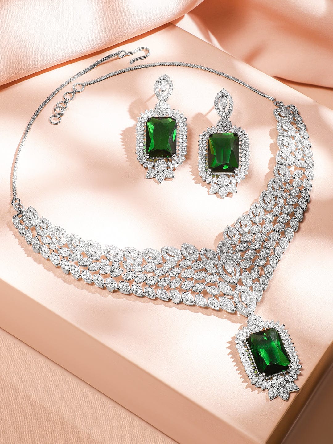 Cascading American Diamond Zirconia Green Necklace Set Green