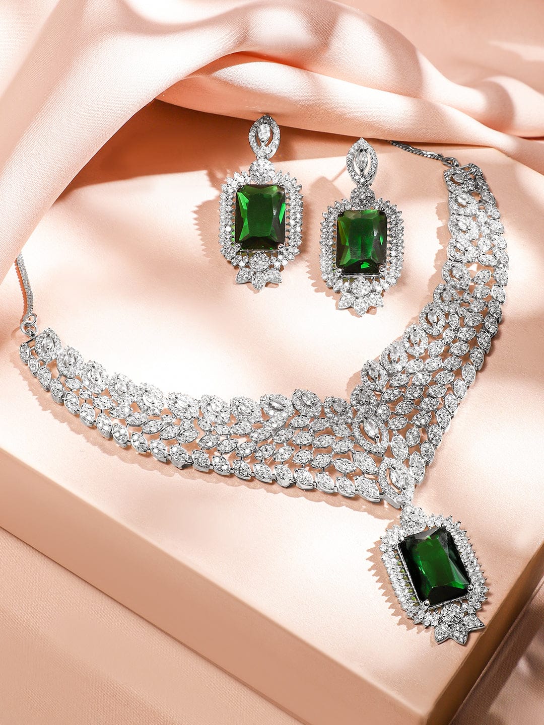 Cascading American Diamond Zirconia Green Necklace Set Green