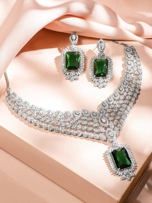 Cascading American Diamond Zirconia Green Necklace Set Green