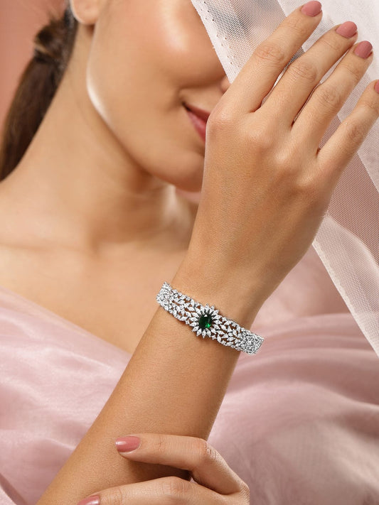 Rubans Rhodium-Plated Emerald Green & White Cubic Zirconia Studded Openable Bracelet Silver::Green