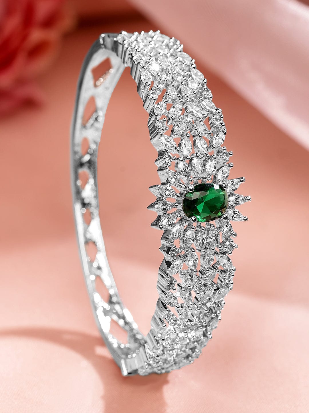 Rubans Rhodium-Plated Emerald Green & White Cubic Zirconia Studded Openable Bracelet Silver::Green