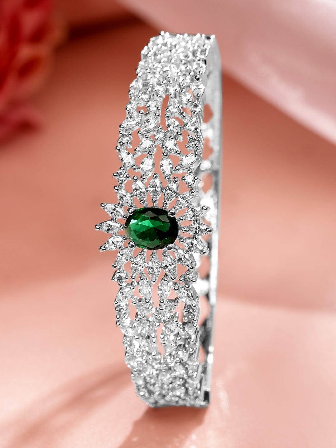 Rubans Rhodium-Plated Emerald Green & White Cubic Zirconia Studded Openable Bracelet Silver::Green