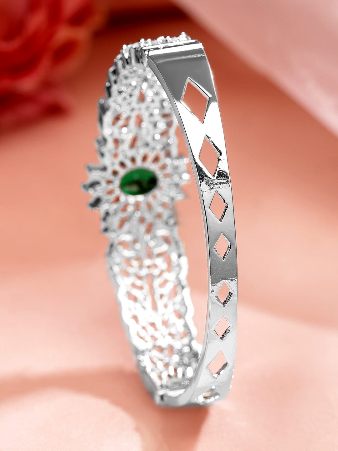Rubans Rhodium-Plated Emerald Green & White Cubic Zirconia Studded Openable Bracelet Silver::Green