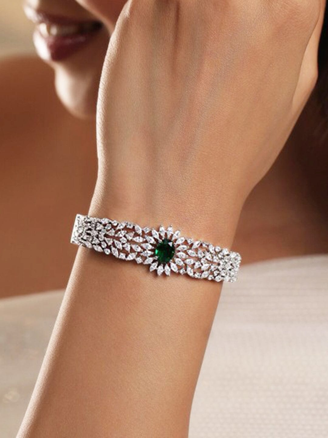 Rubans Rhodium-Plated Emerald Green & White Cubic Zirconia Studded Openable Bracelet Silver::Green