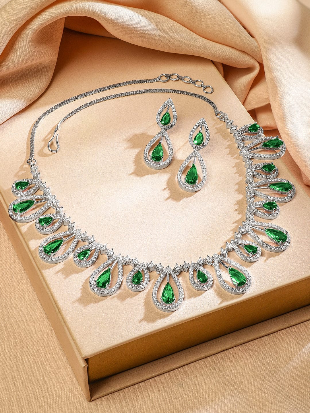 American Diamond Zirconia Green Drops Necklace Set Emerald Green