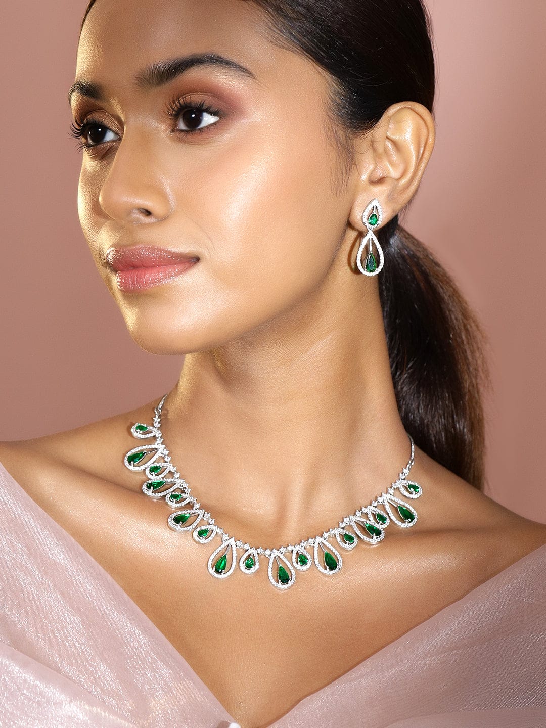 American Diamond Zirconia Green Drops Necklace Set Emerald Green