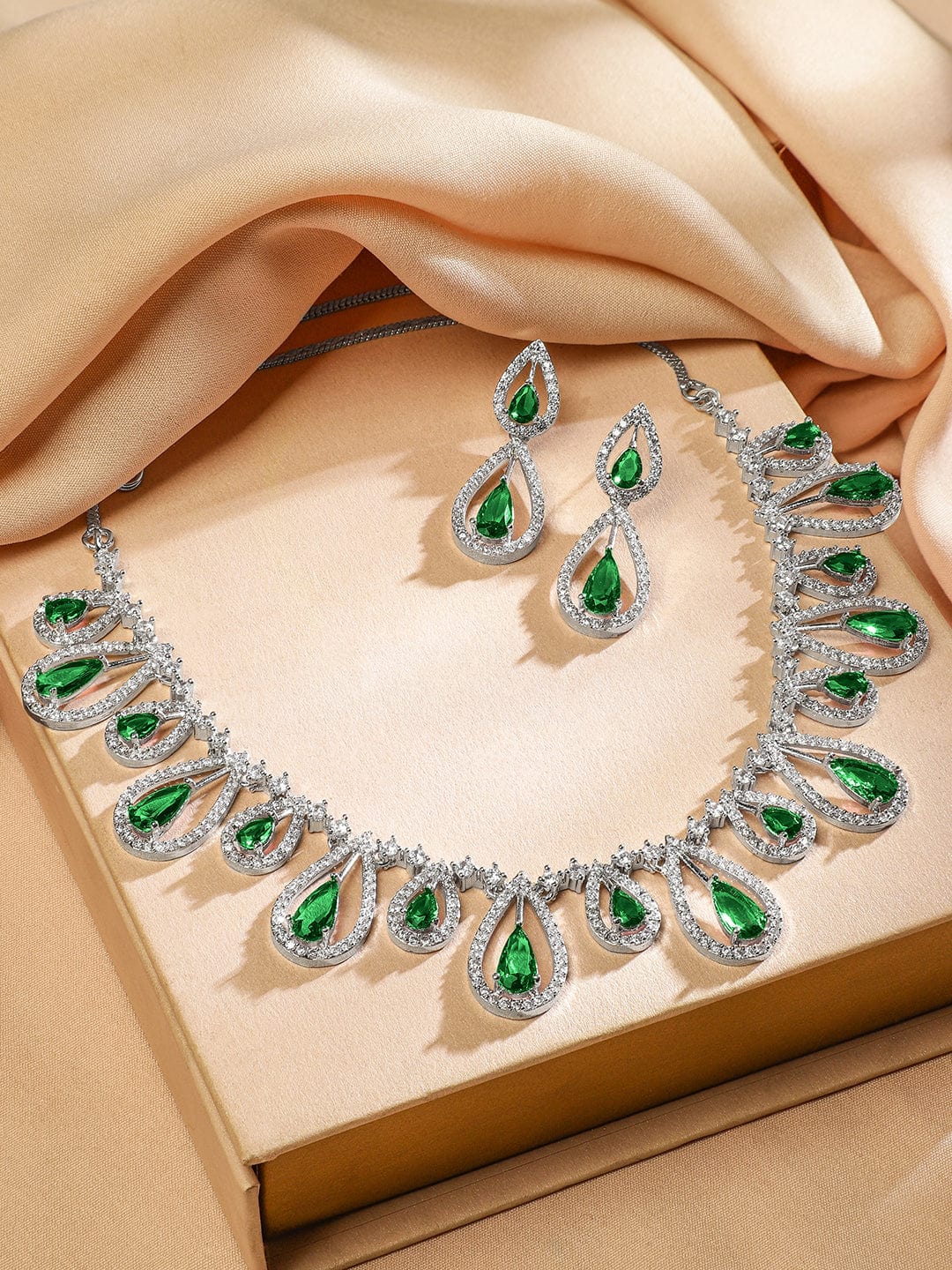 American Diamond Zirconia Green Drops Necklace Set Emerald Green