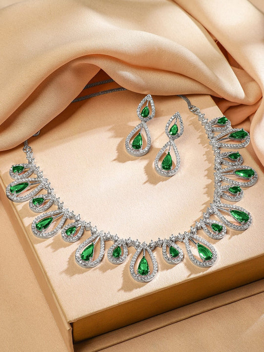 American Diamond Zirconia Green Drops Necklace Set Emerald Green