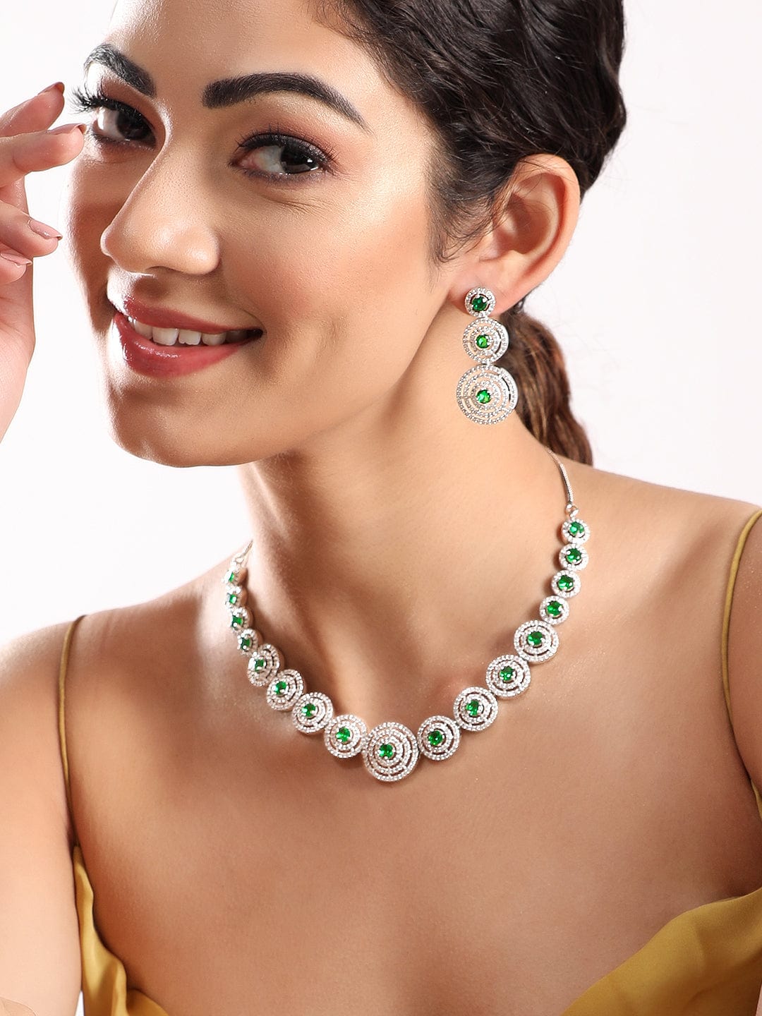 Rubans Rhodium Plated Emerald Green Zircons Studded Jewellery Set フリーサイズ