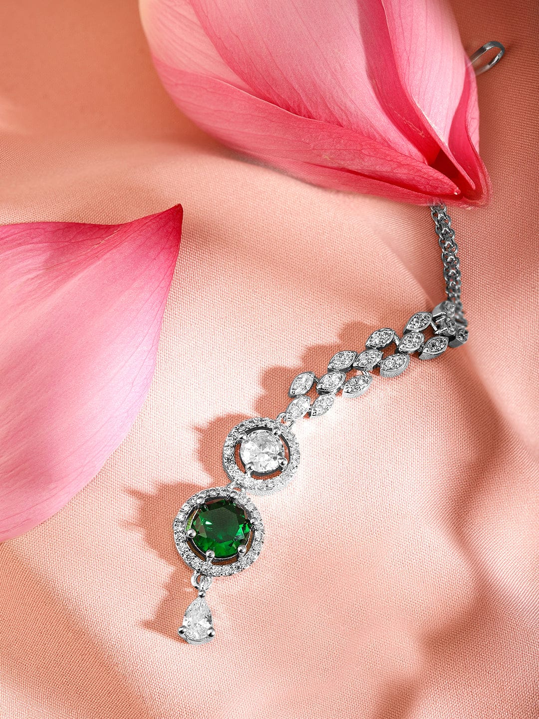 Rubans Rhodium Plated Emerald & White Cubic Zirconia Maang Tikka Green
