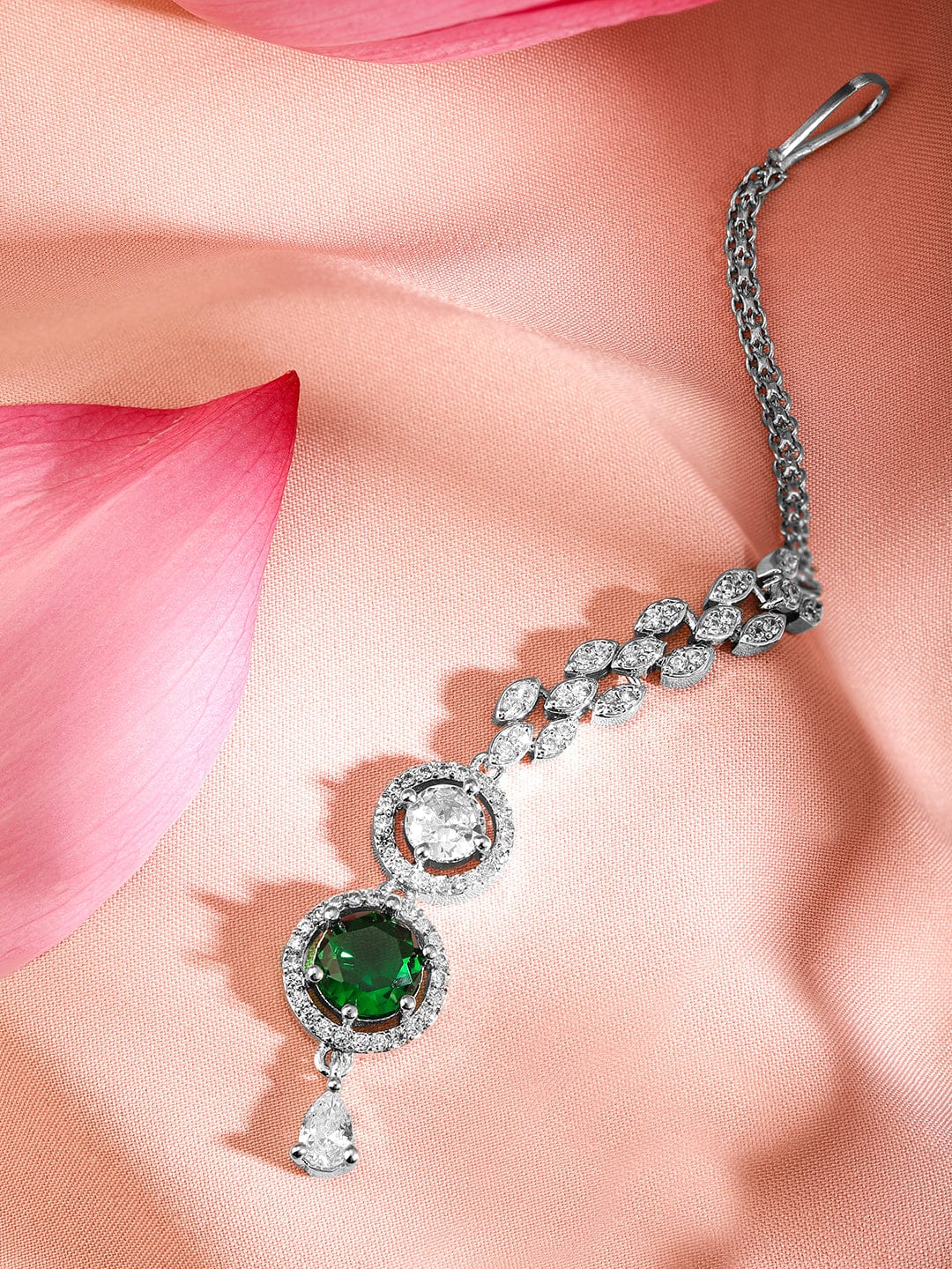 Rubans Rhodium Plated Emerald & White Cubic Zirconia Maang Tikka Green