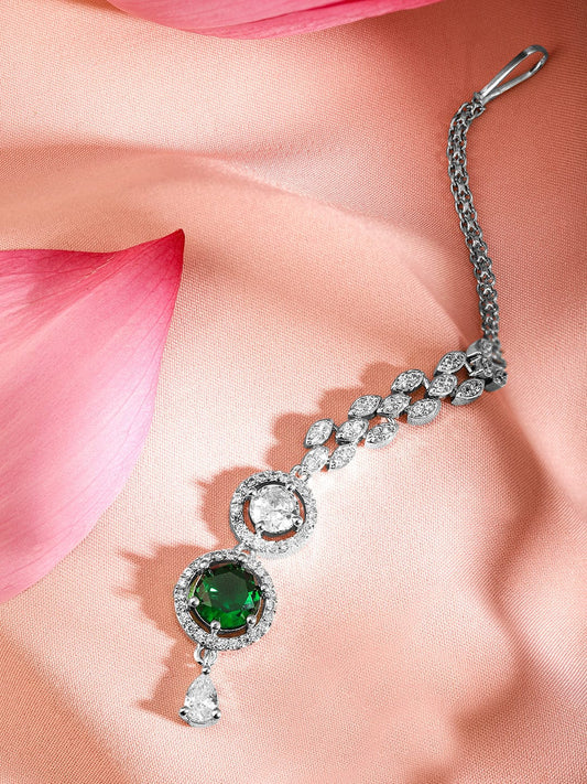 Rubans Rhodium Plated Emerald & White Cubic Zirconia Maang Tikka Green