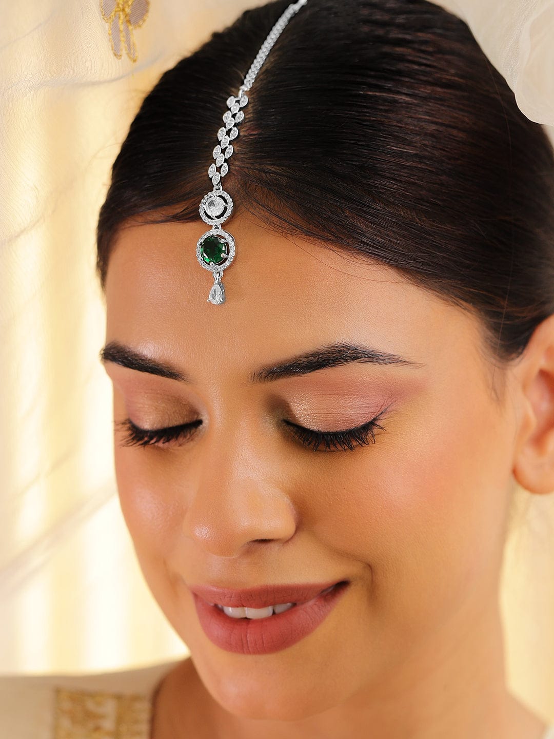 Rubans Rhodium Plated Emerald & White Cubic Zirconia Maang Tikka Green