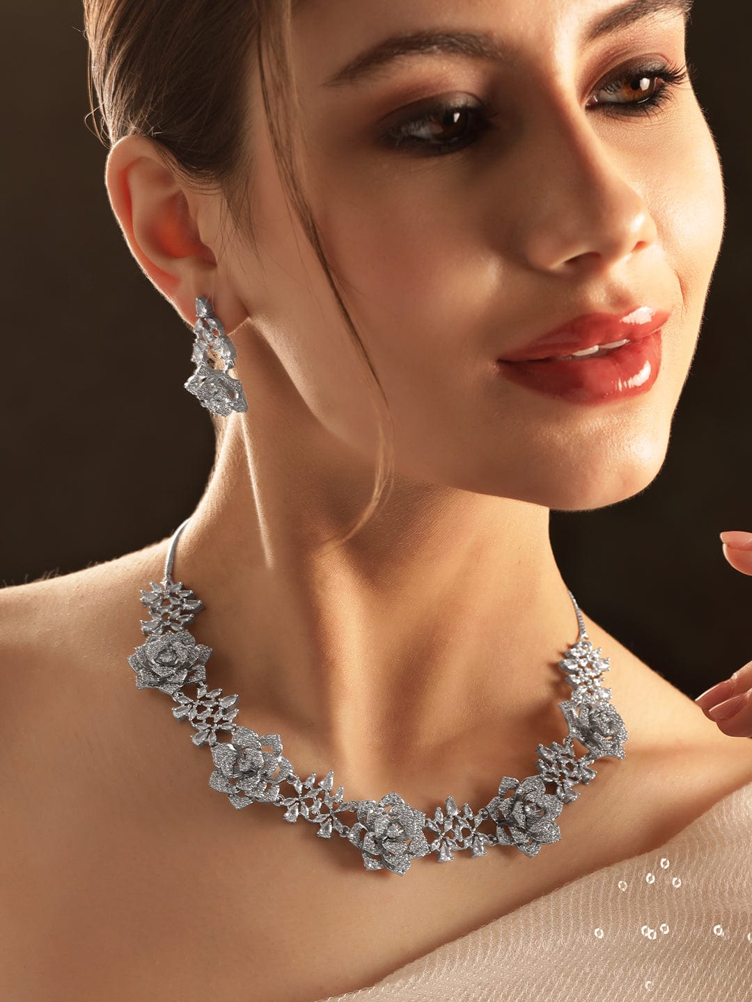 American Diamond Zirconia Floral Motif Necklace Set フリーサイズ