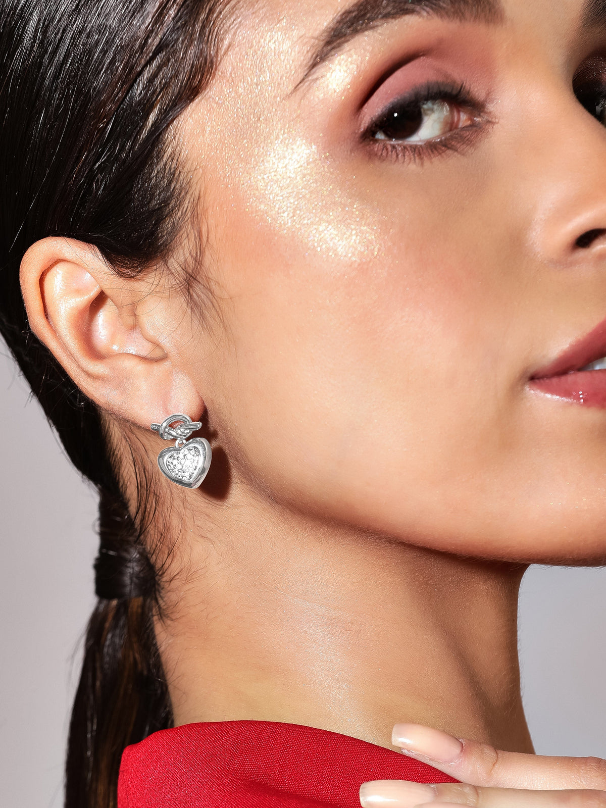 Silver Heart Motif Stud Earrings Silver