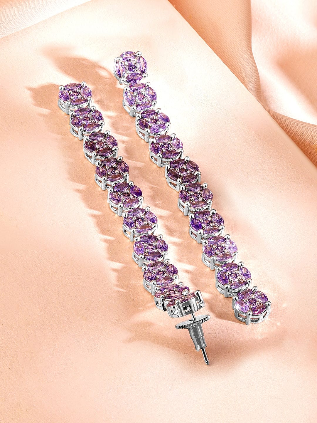 Rhodium-Plated Lavender Cubic Zirconia Studded Drop Earrings Lavender