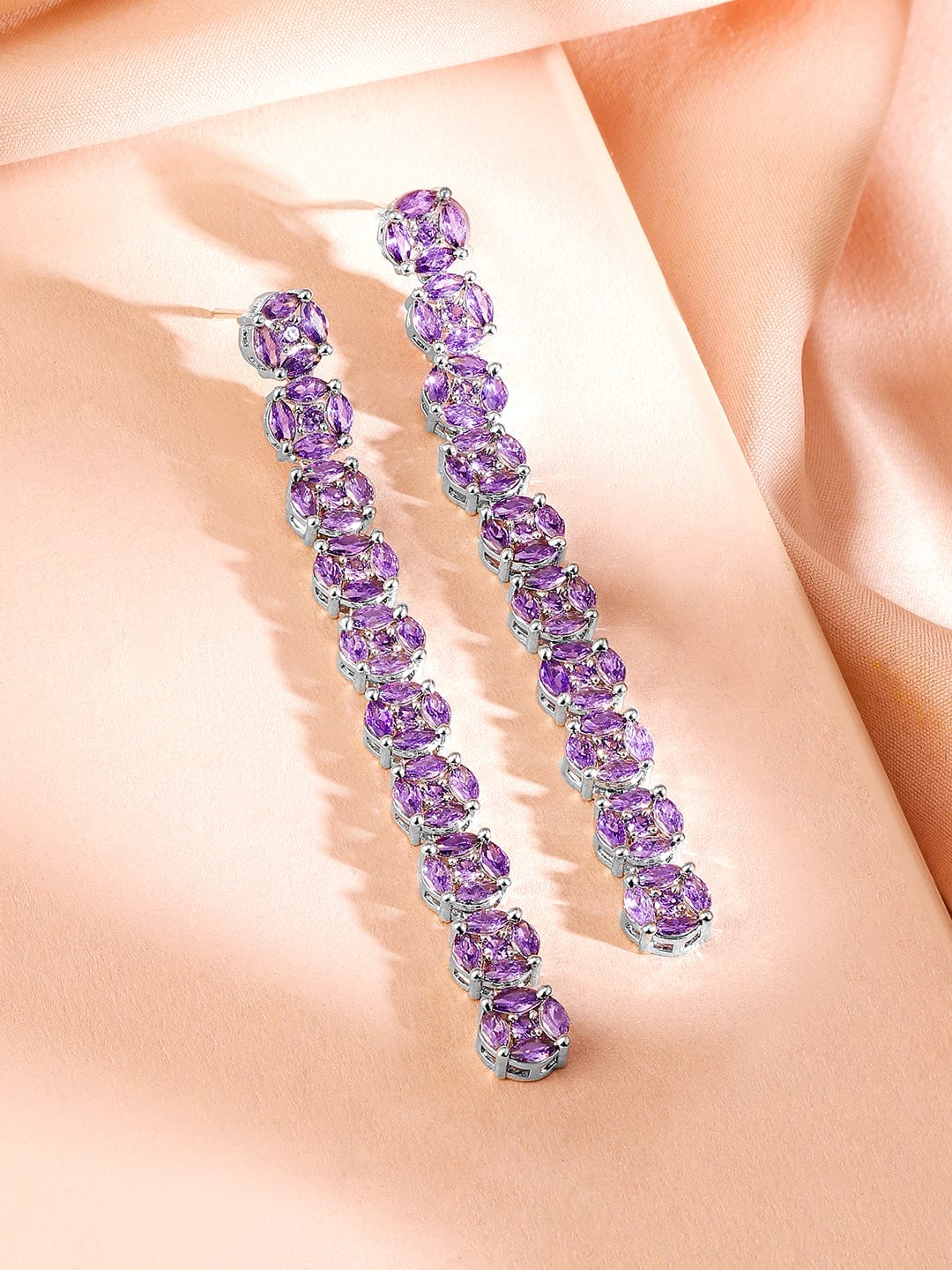 Rhodium-Plated Lavender Cubic Zirconia Studded Drop Earrings Magenta