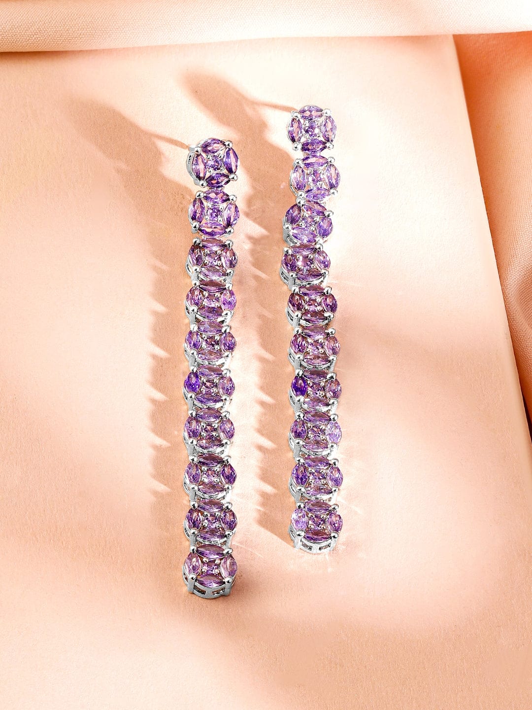 Rhodium-Plated Lavender Cubic Zirconia Studded Drop Earrings Magenta