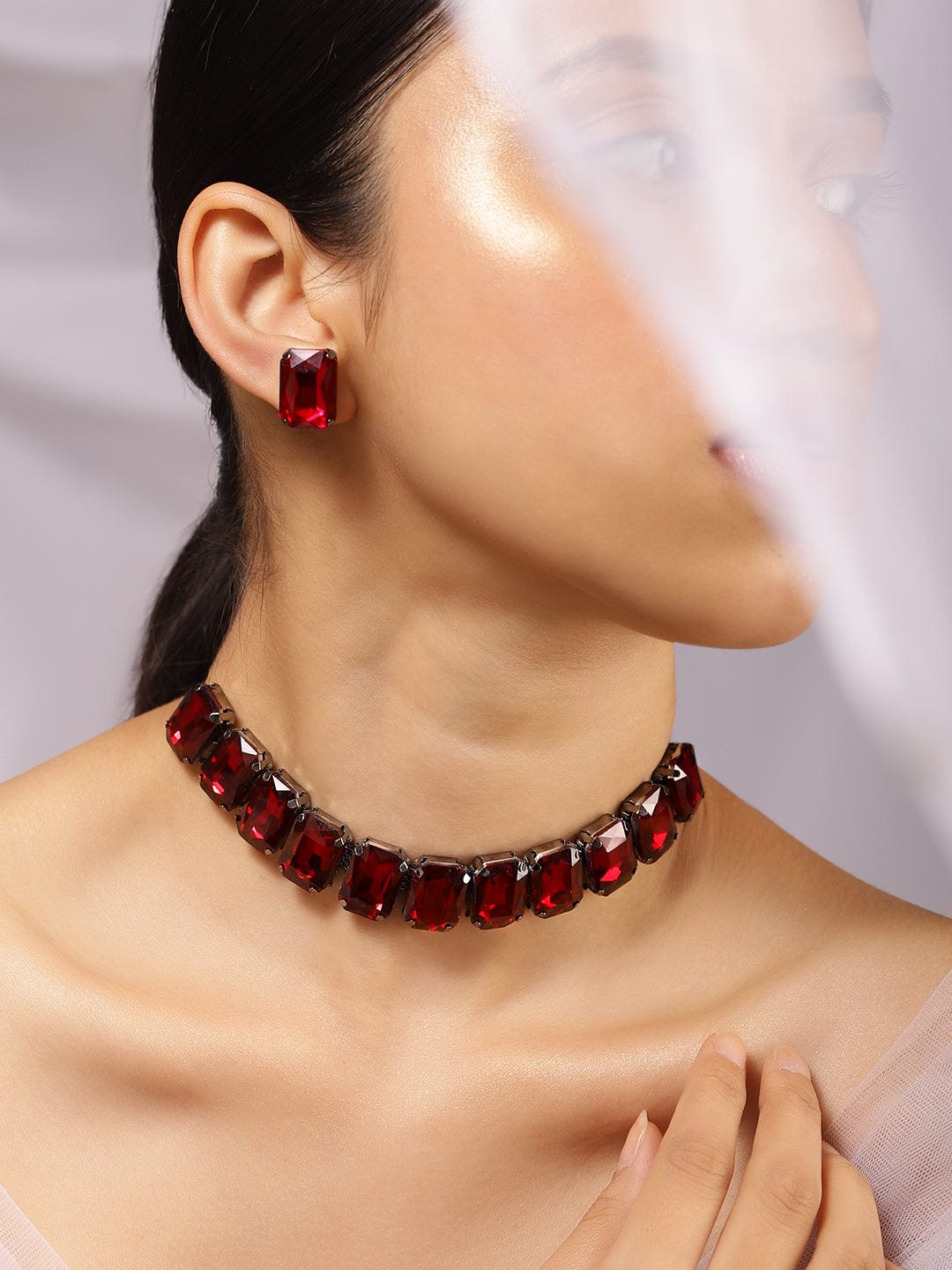 Red Crystal Choker Set Maroon