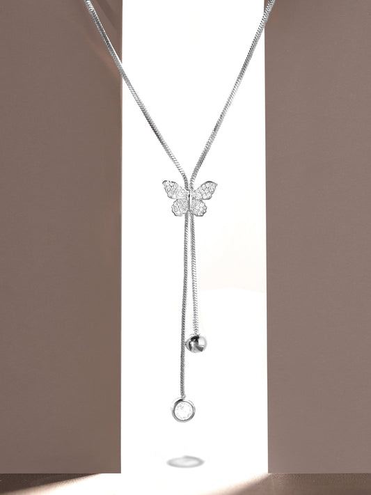 Butterfly Motif American Diamond Zirconia Studded Necklace Chain Silver