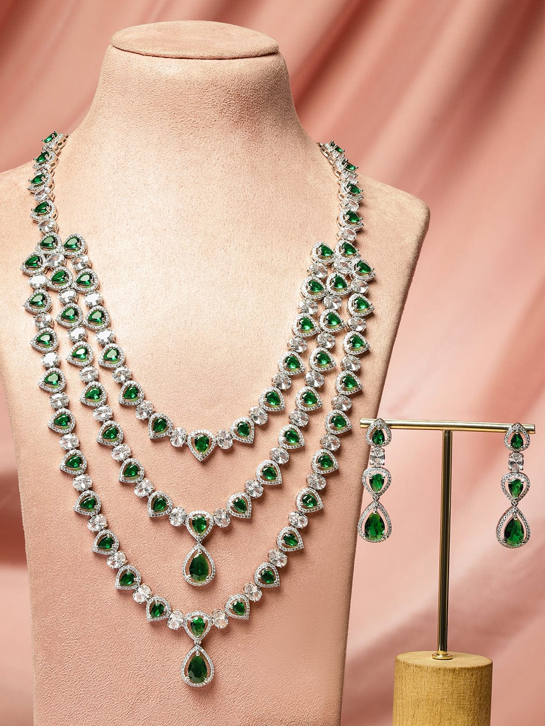 American Diamond Zirconia Green Layered Necklace Set フリーサイズ