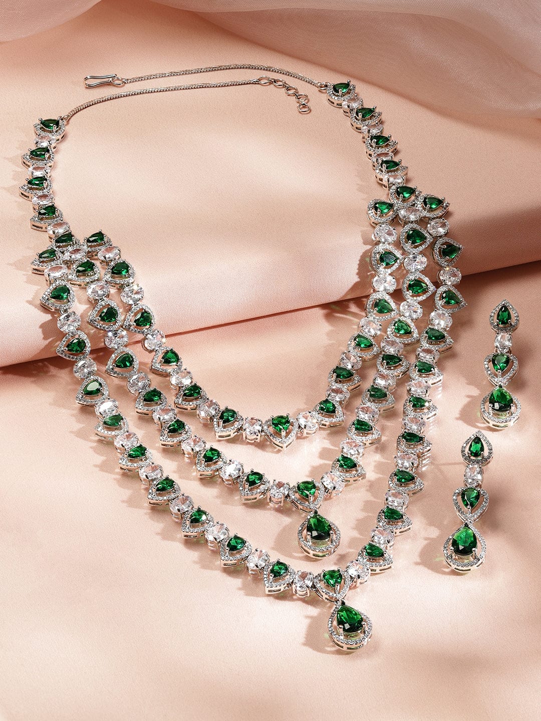 American Diamond Zirconia Green Layered Necklace Set フリーサイズ