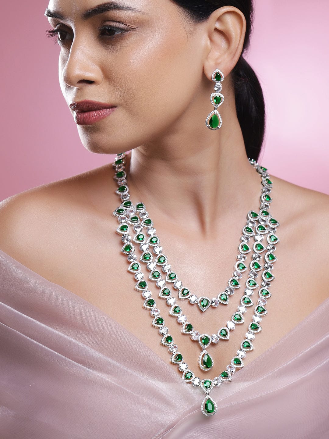 American Diamond Zirconia Green Layered Necklace Set フリーサイズ