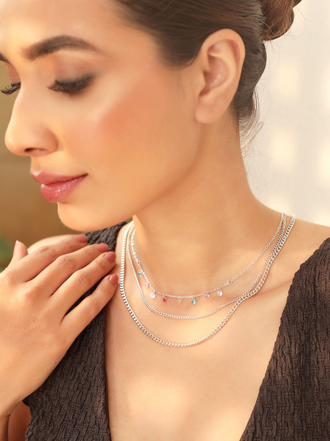 【Rubans】 Rhodium Plated Multicolor Crystal Charms Multi-Layered Necklace｜ロジウムメッキ マルチカラークリスタル レイヤードネックレス
