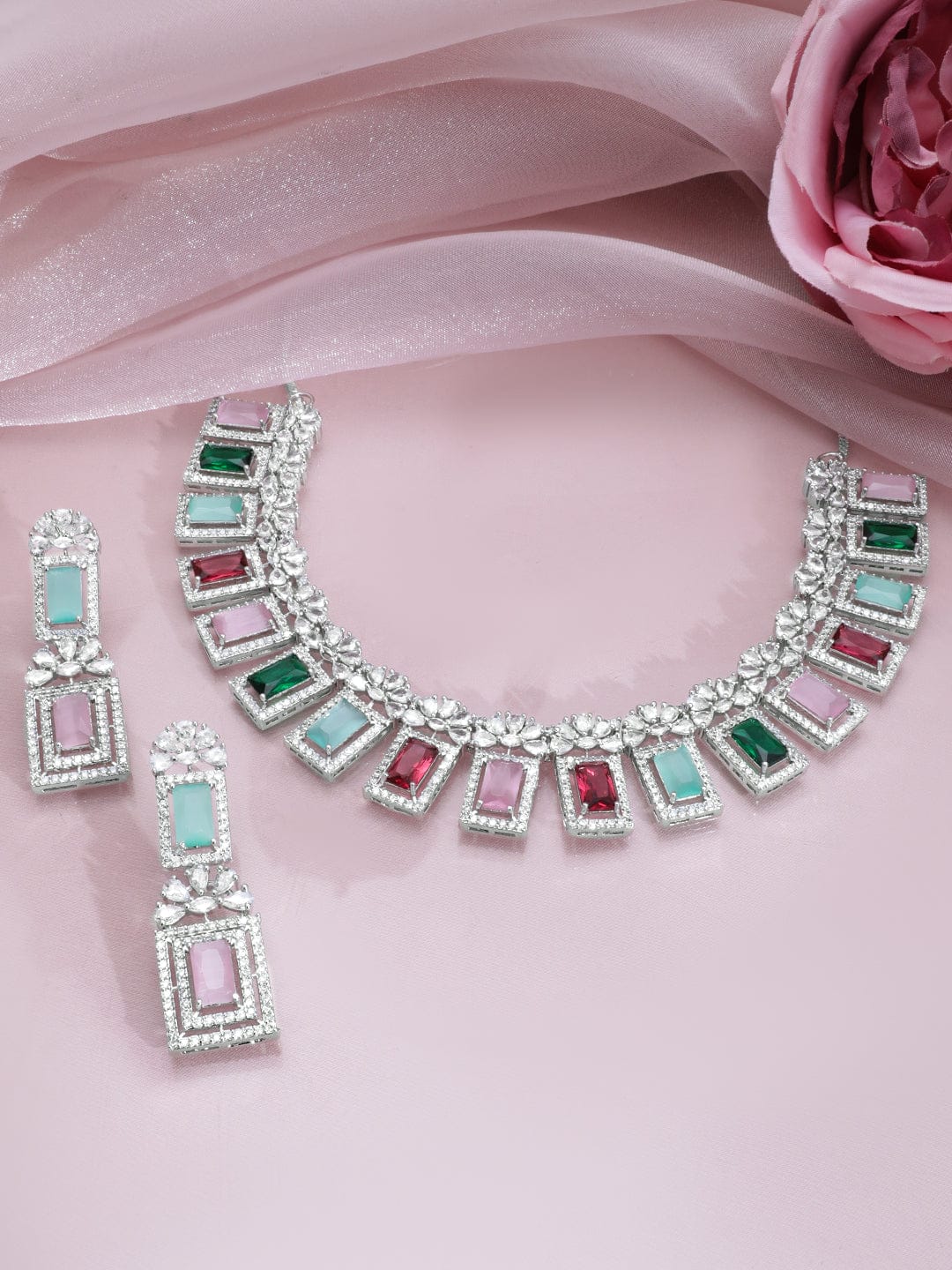 Multicolor Studded American Diamond Zirconia Necklace Set Silver