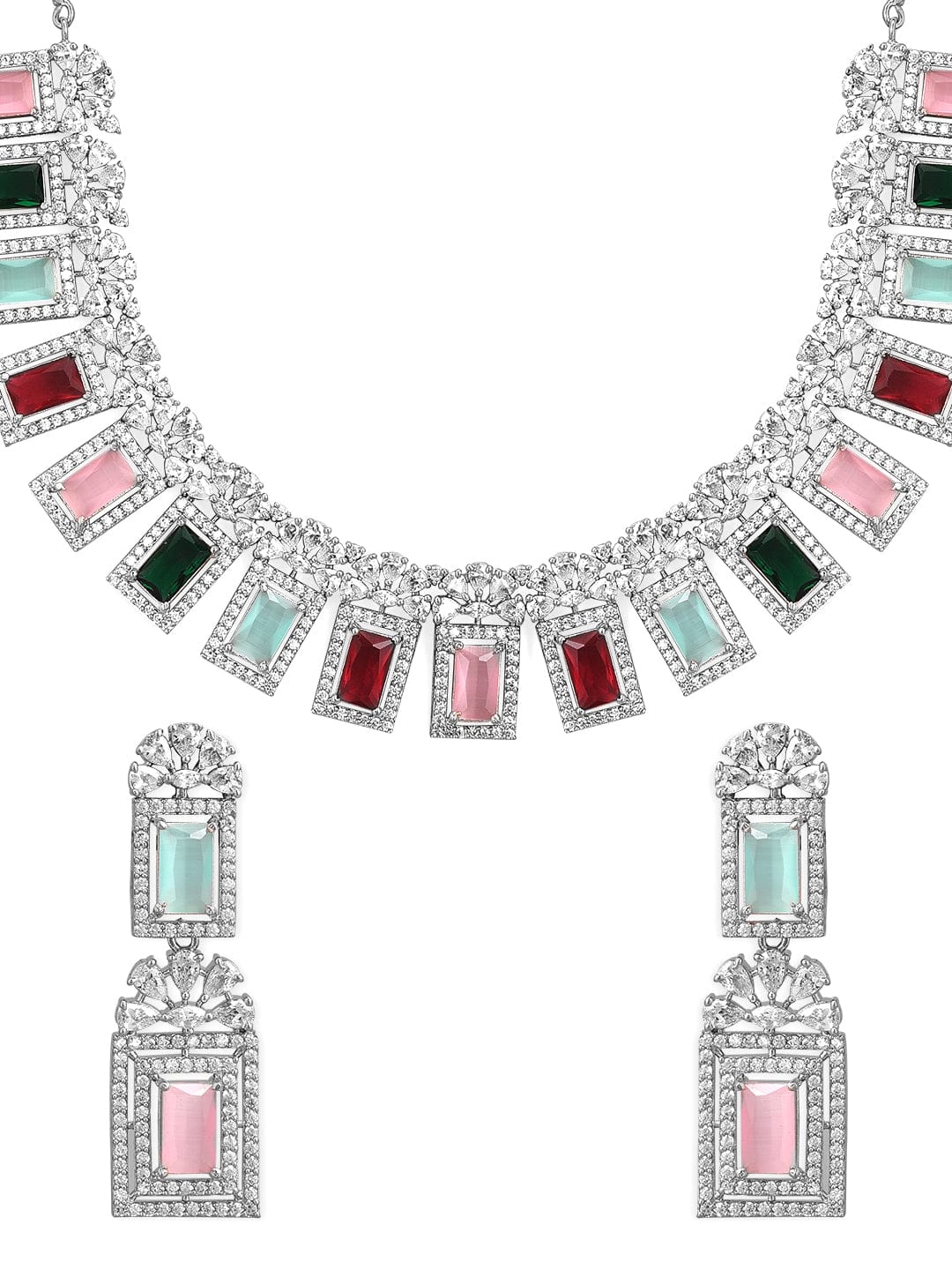 Multicolor Studded American Diamond Zirconia Necklace Set Silver